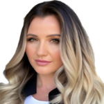 Close-up portrait of a woman with long wavy blonde hair and subtle makeup.