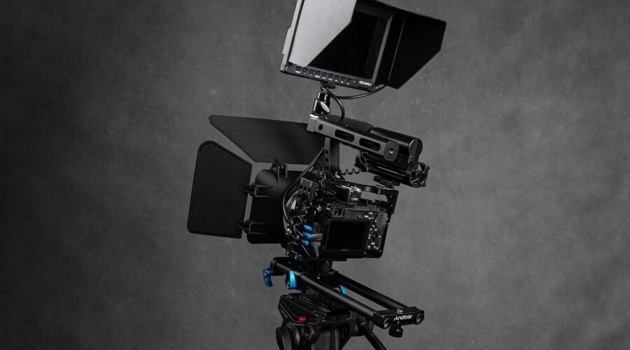 Video camera rig on a tripod in a studio