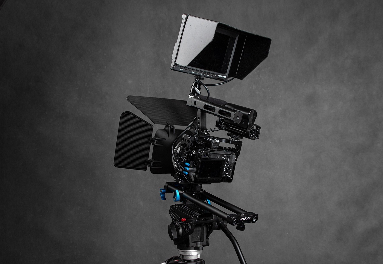Video camera rig on a tripod in a studio